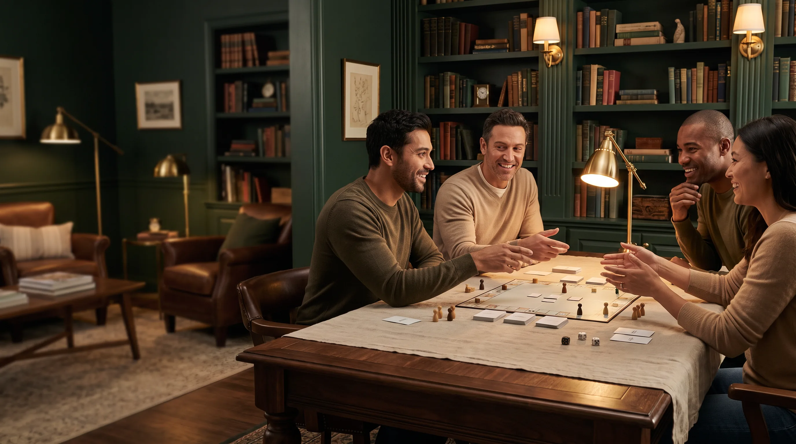 Friends playing a tabletop game around a warmly lit table