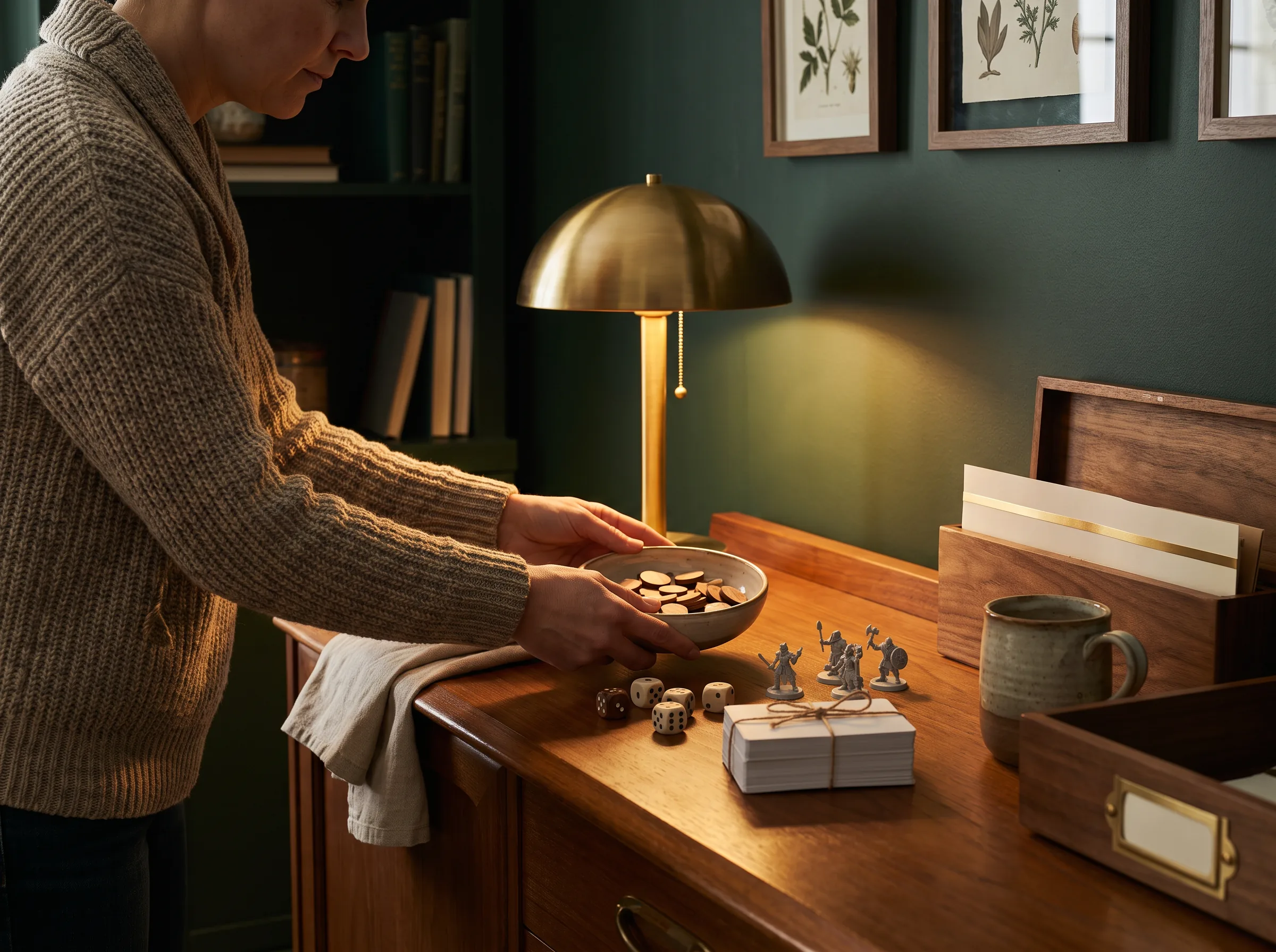 Host arranging tabletop game components beside a lamp