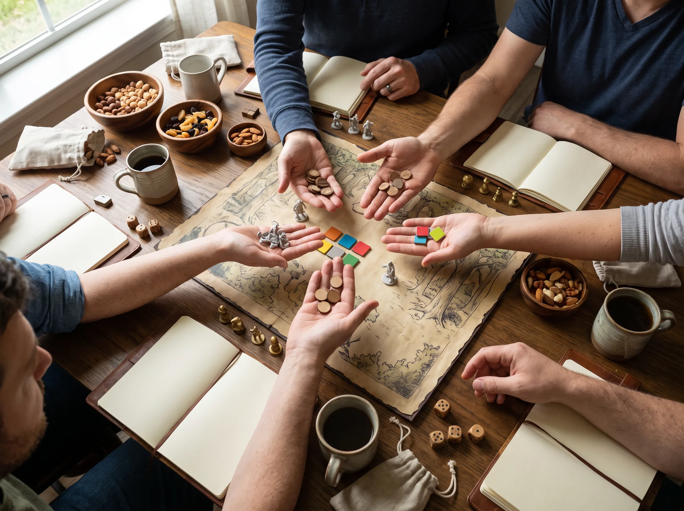 Overhead view of people sharing game pieces