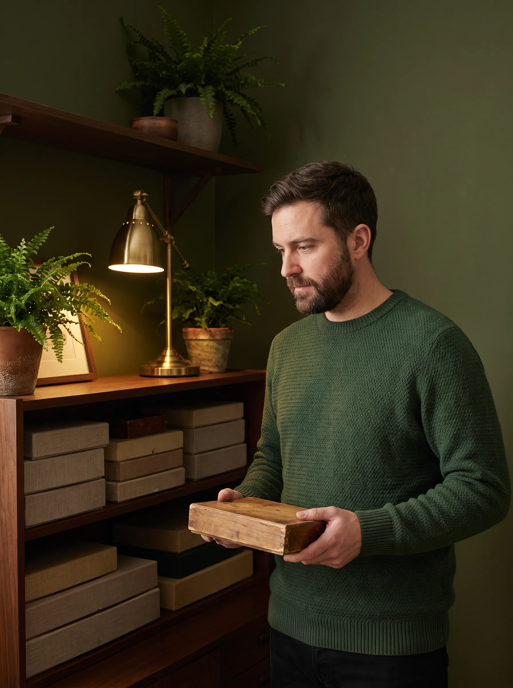 Host holding an unlabeled game box beside a games shelf