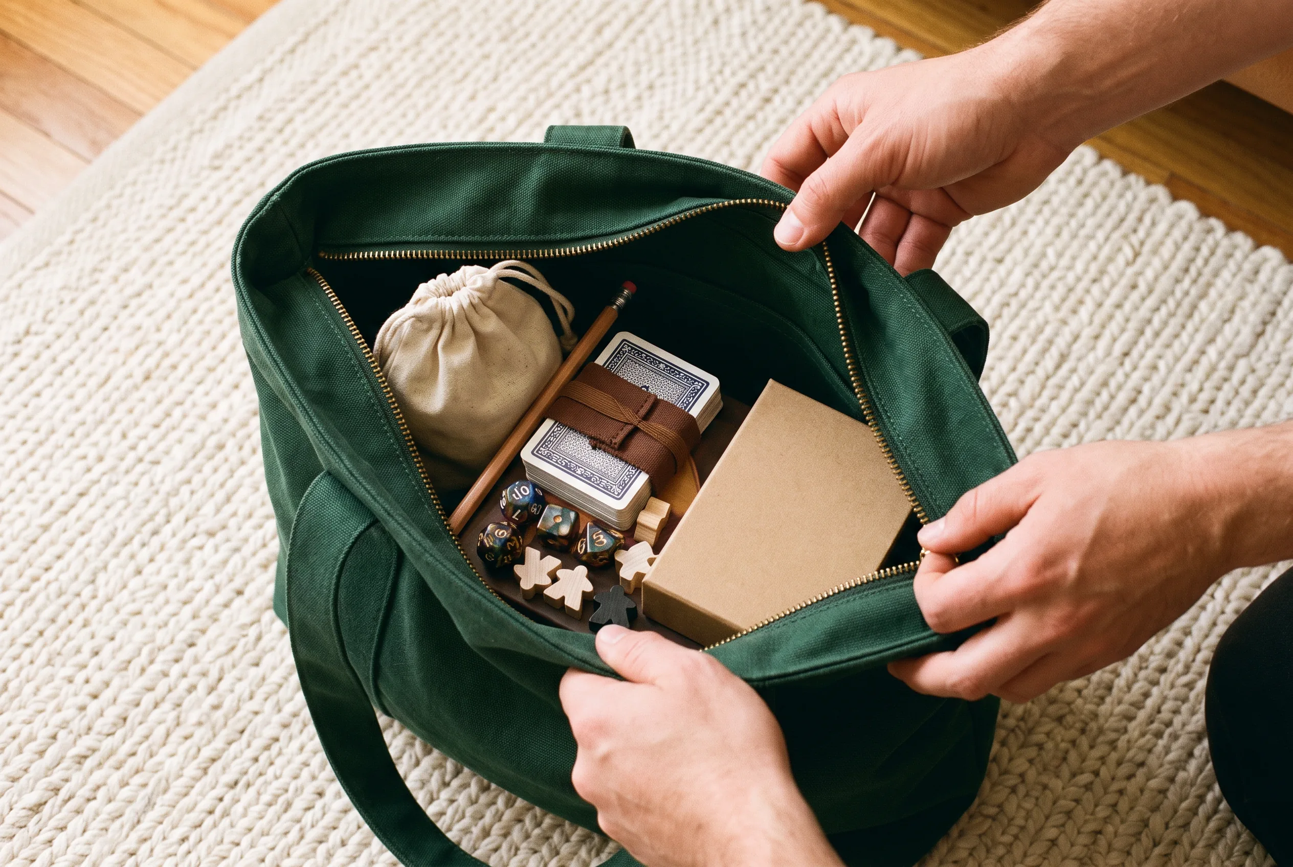 Hands packing dice, cards and wooden pieces into a green canvas bag