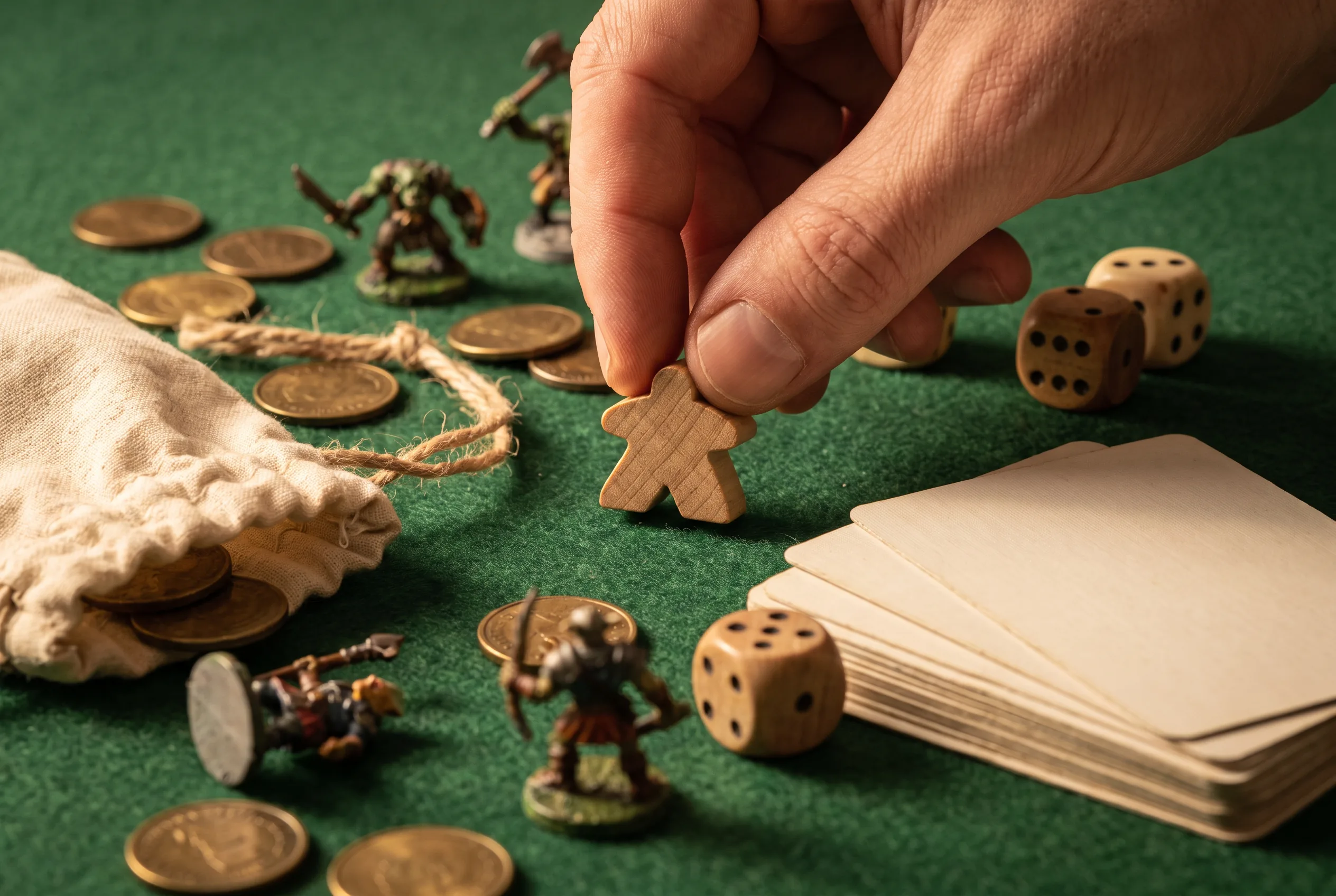 Hand selecting a wooden game piece among dice, cards and miniatures