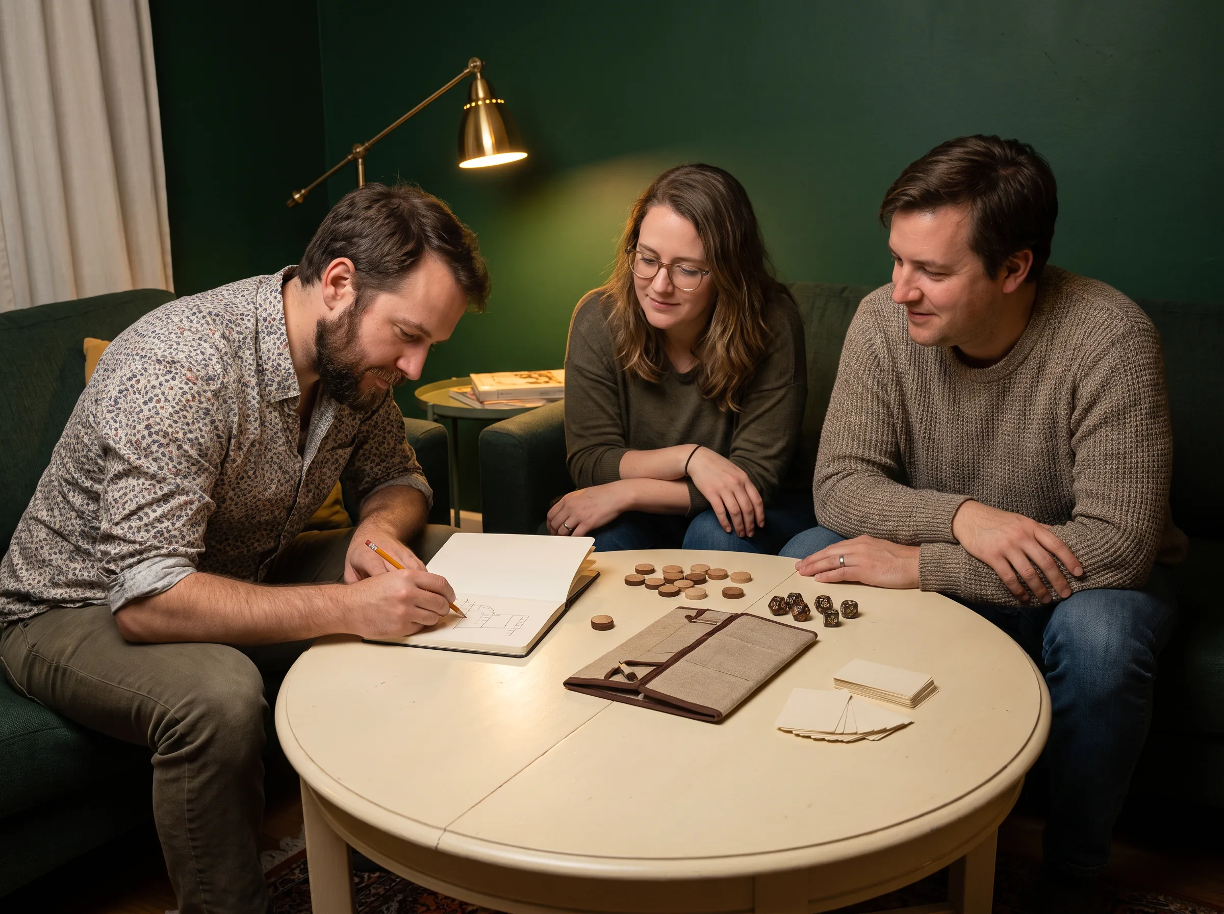Three players discussing a move while one draws in a notebook