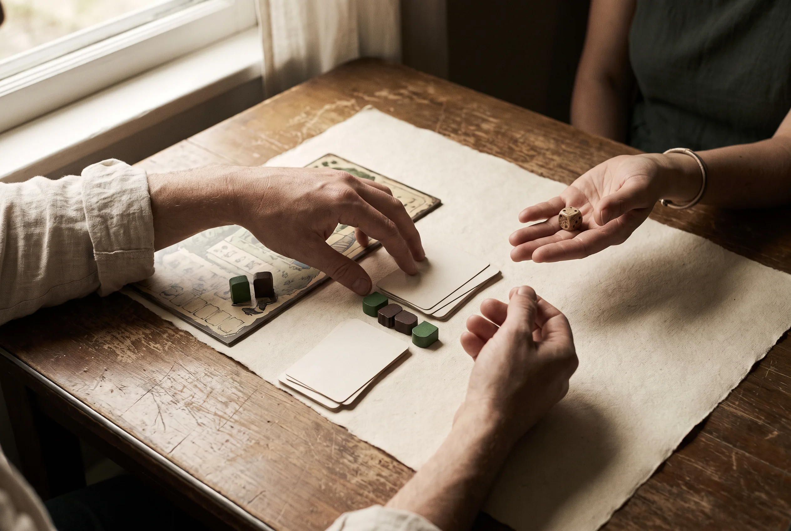 Hands setting out cards and tokens